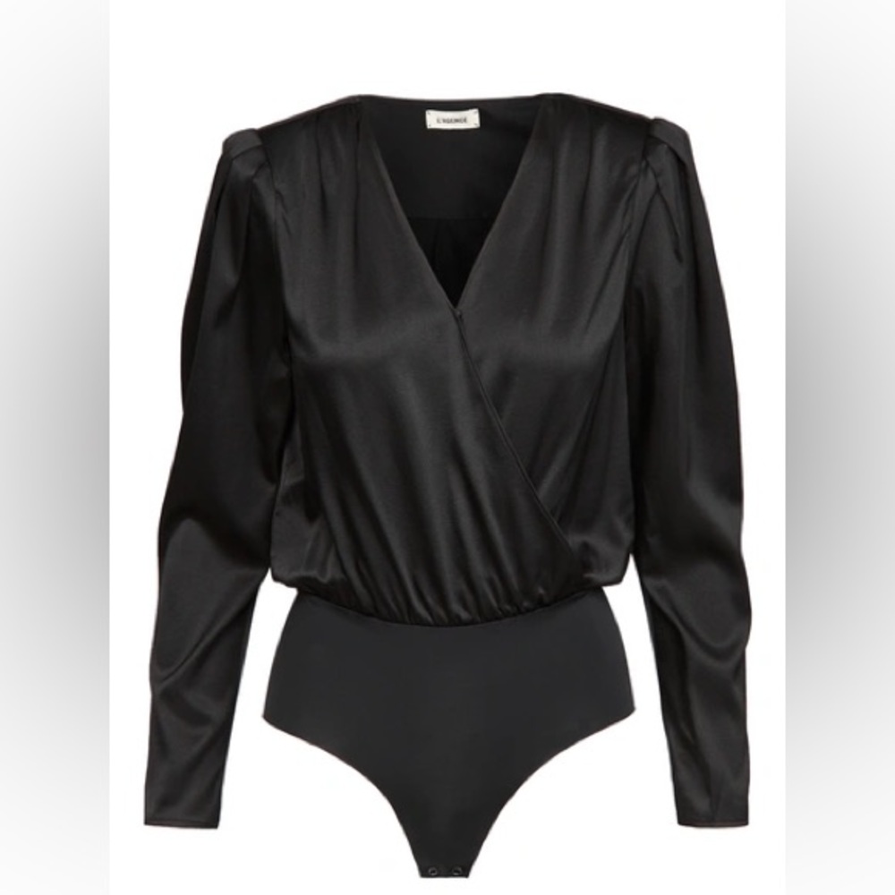 L’Agence Brenda Silk Puff Sleeve Bodysuit Black size XL